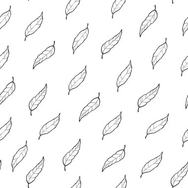 Kusursuz çiçek deseni. Tekerrür eden bir doku. Beyaz arkaplanda siyah yapraklar ile doku tekrarlanıyor.
