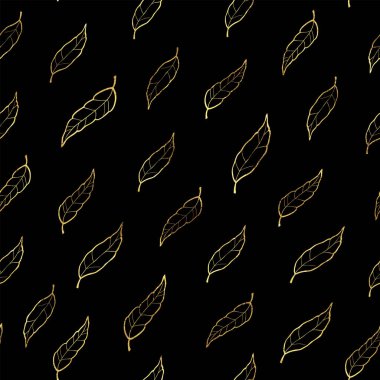 Kusursuz çiçek deseni. Tekerrür eden bir doku. Siyah arkaplan üzerinde altın yapraklar ile doku yineleniyor.