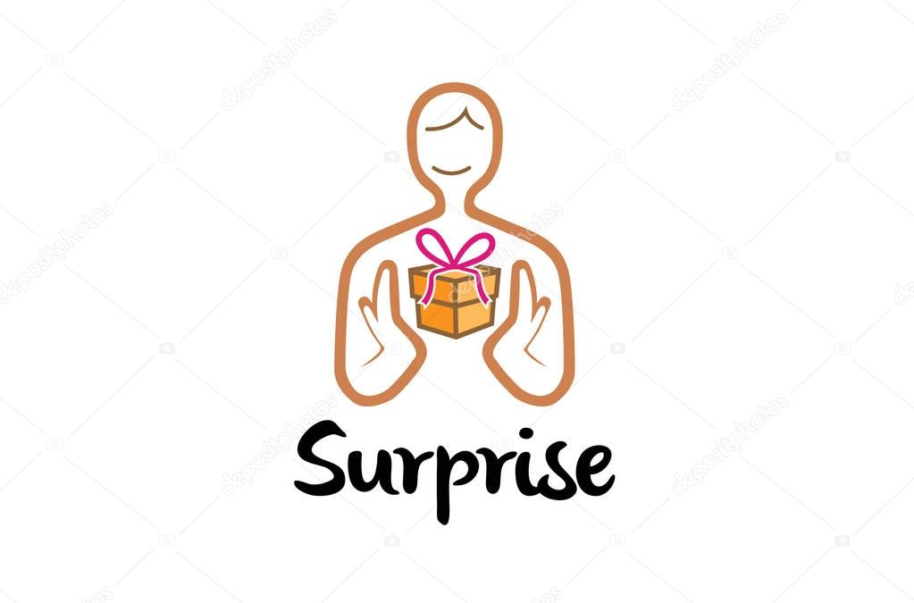 Smiling Character Gift Giving Surprise Logo Design Illustration