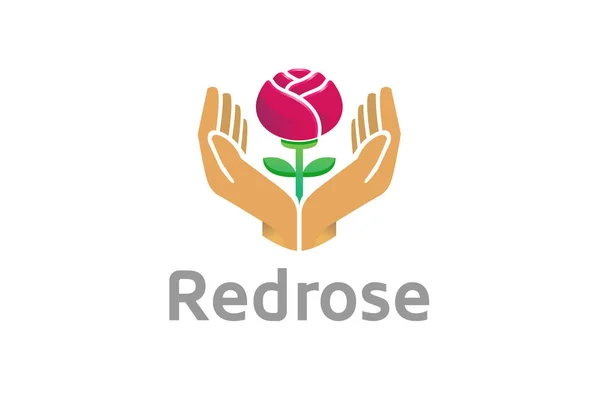 Mãos Segurando Red Rose Flower Care Logo Design Symbol Ilustração — Vetor de Stock