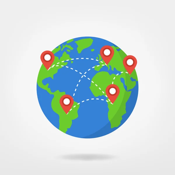 Globo, mapa do mundo com localização pin points ilustração — Vetor de Stock