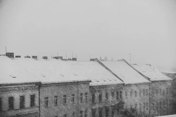 Panorama Inverno Nevando Horizonte Cidade Look Vintage — Fotografia de Stock