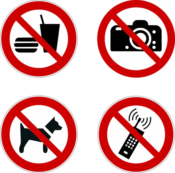 Prohibición signo icono conjunto (comida, perro, teléfono, cmaera) vector i — Vector de stock