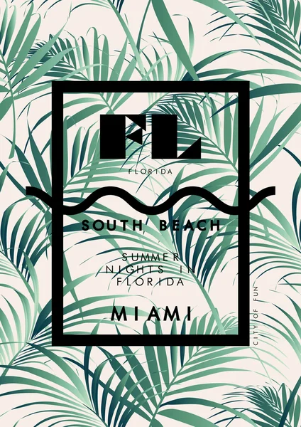 Palm leaves with Miami word poster — Stock Vector