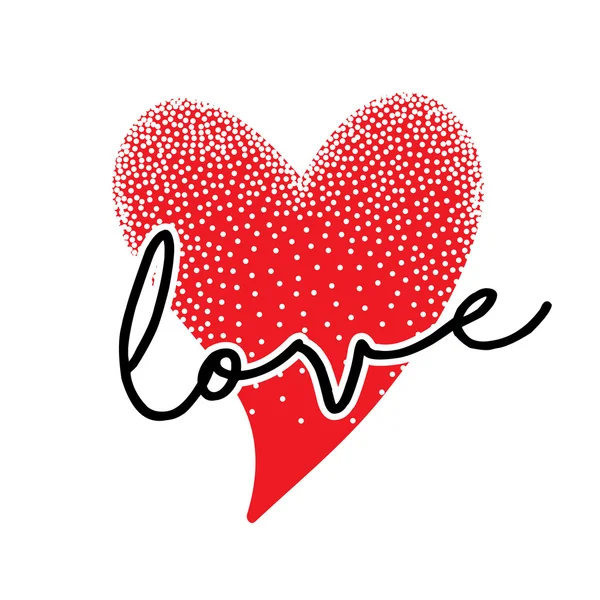 Rødt hjerte med prikker og kærlighed ord – Stock-vektor