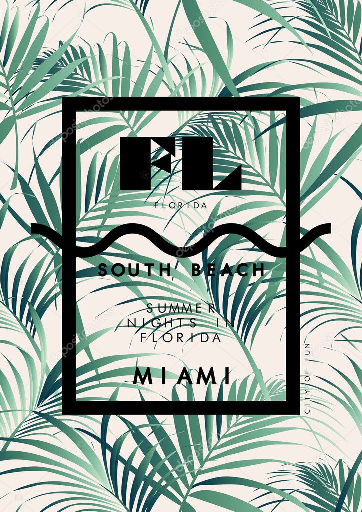 Palm leaves with Miami word poster