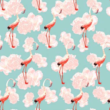 Flamingolar ile çiçek gül desenli
