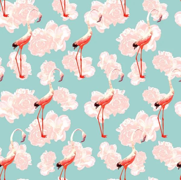 Floral rose pattern with flamingos