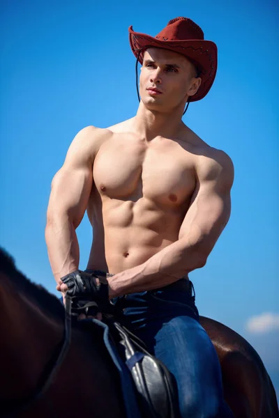 Macho homem bonito cowboy e cavalo no fundo do céu e da água . — Fotografia de Stock