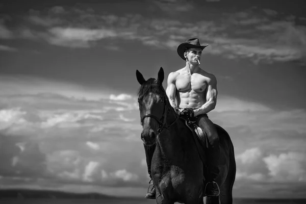 Maço erkek yakışıklı kovboy ve arka planda gökyüzünün ve su at.