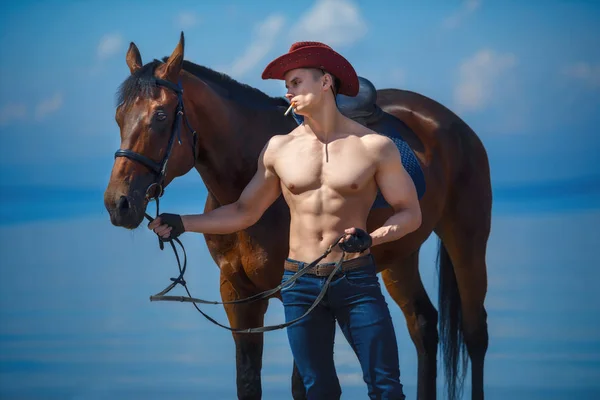 Macho man handsome cowboy and horse on the background of sky and water. — Stock Photo, Image