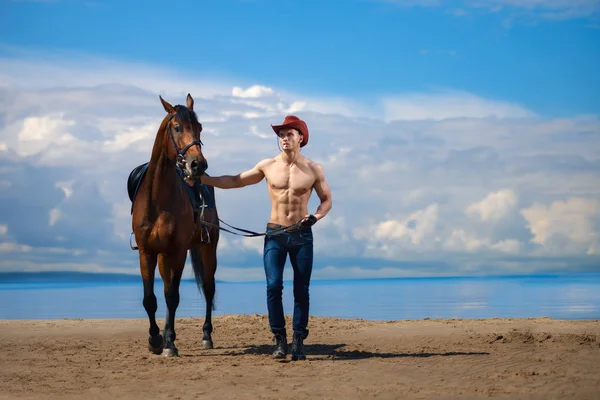 Macho man handsome cowboy and horse on the background of sky and water. — Stock Photo, Image