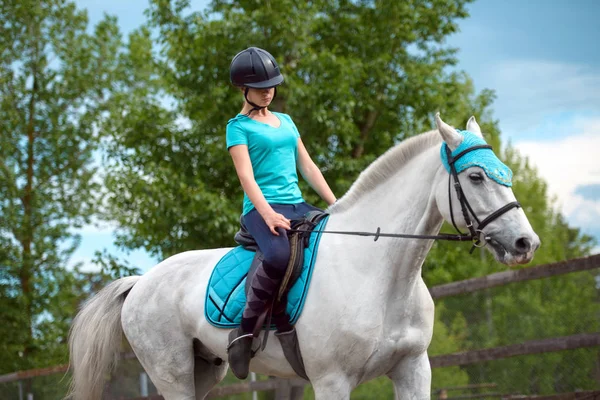 Flicka rider tränar hästen i kursen ridning i sommardag — Stockfoto