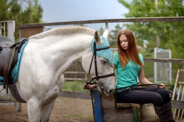 Chica jinete y su caballo para descansar cerca del establo después de montar —  Fotos de Stock