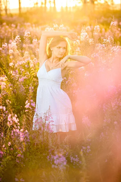 Menina Loira Bonita Jovem Reúne Flores Cor Rosa Campo Floração — Fotografia de Stock