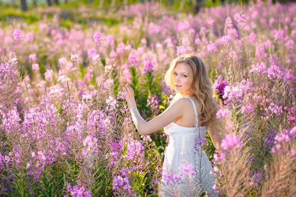 Young Beautiful Blonde Girl Gathers Pink Flowers Spring Blooming Field — Stock Photo, Image