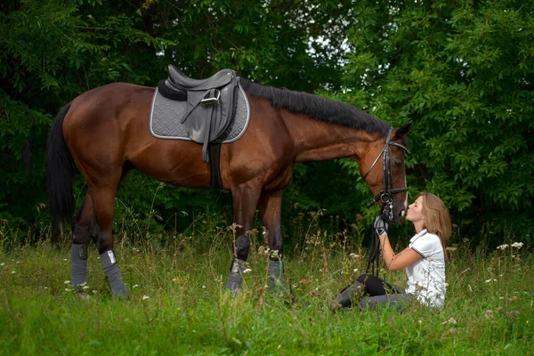 Retrato Uma Menina Bonita Com Cavalo Marrom — Fotografia de Stock