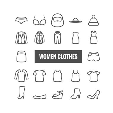 Kadın giysileri anahat simgeler kümesi. Doğrusal simgeler Web, baskı, teknoloji tasarım