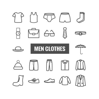 Erkekler giyim anahat simgeler kümesi. Doğrusal simgeler Web, baskı, teknoloji tasarım