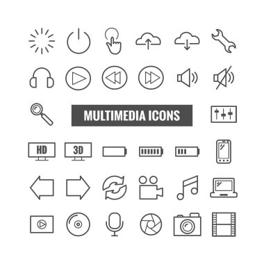 Multimedya anahat simgeler kümesi. Baskı, web, mobil apps tasarım için ince simgeler