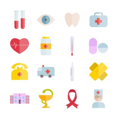 Vektör düz tıbbi simgeler koleksiyonu. Web, mobil uygulamalar için düz renkli simgeler
