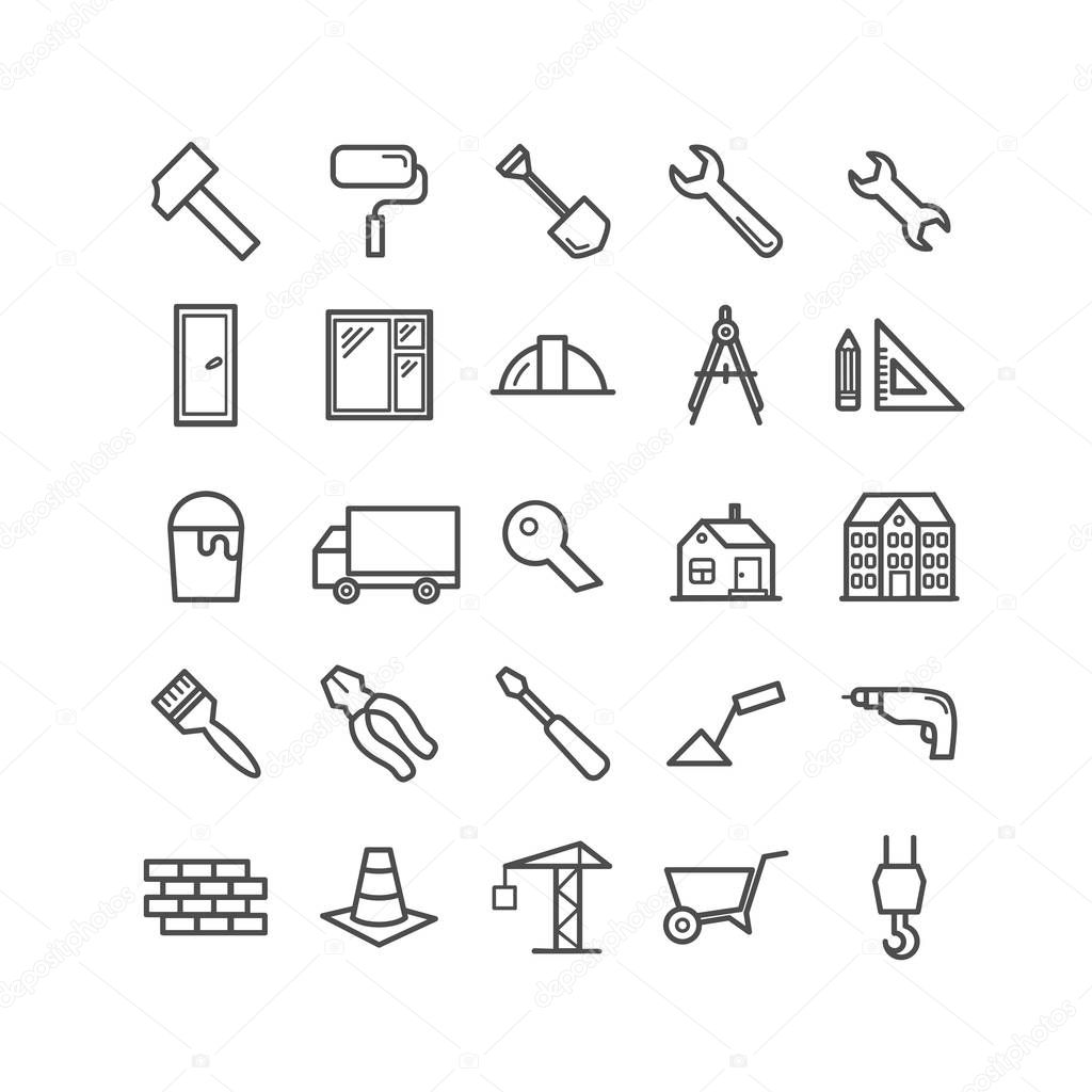 Set of outline construction and building icons. Thin linear icon  for web, print, mobile apps design