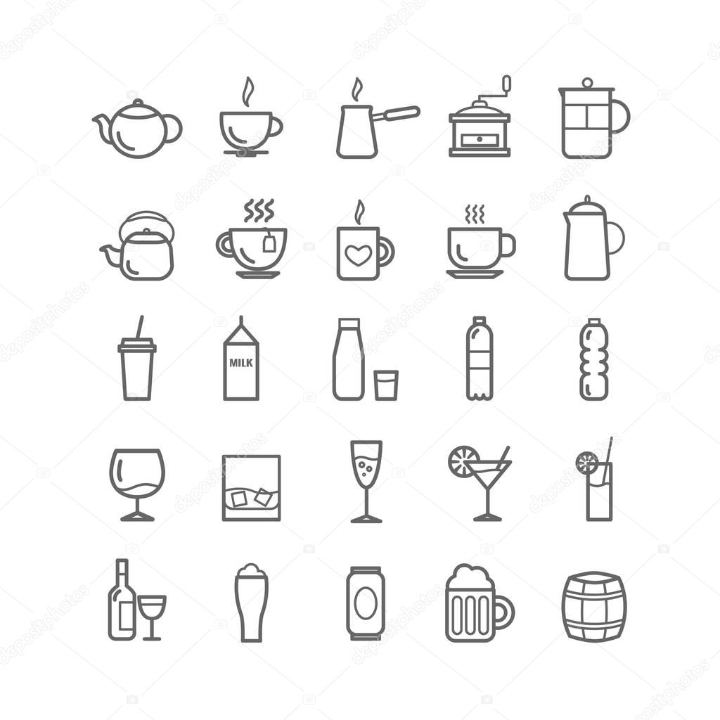 Collection of outline drinks icons for web and mobile apps 