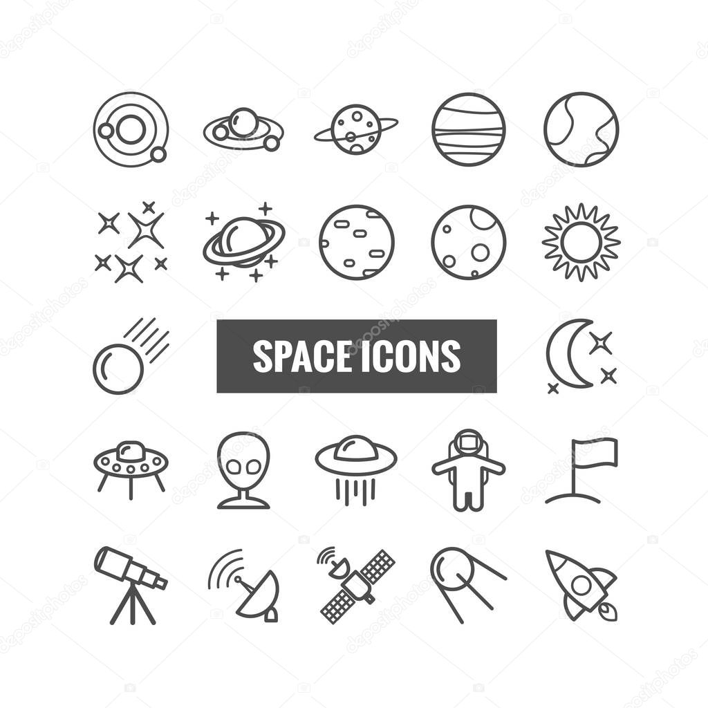 Collection of outline space icons. Linear icons  for web, print, mobile apps design