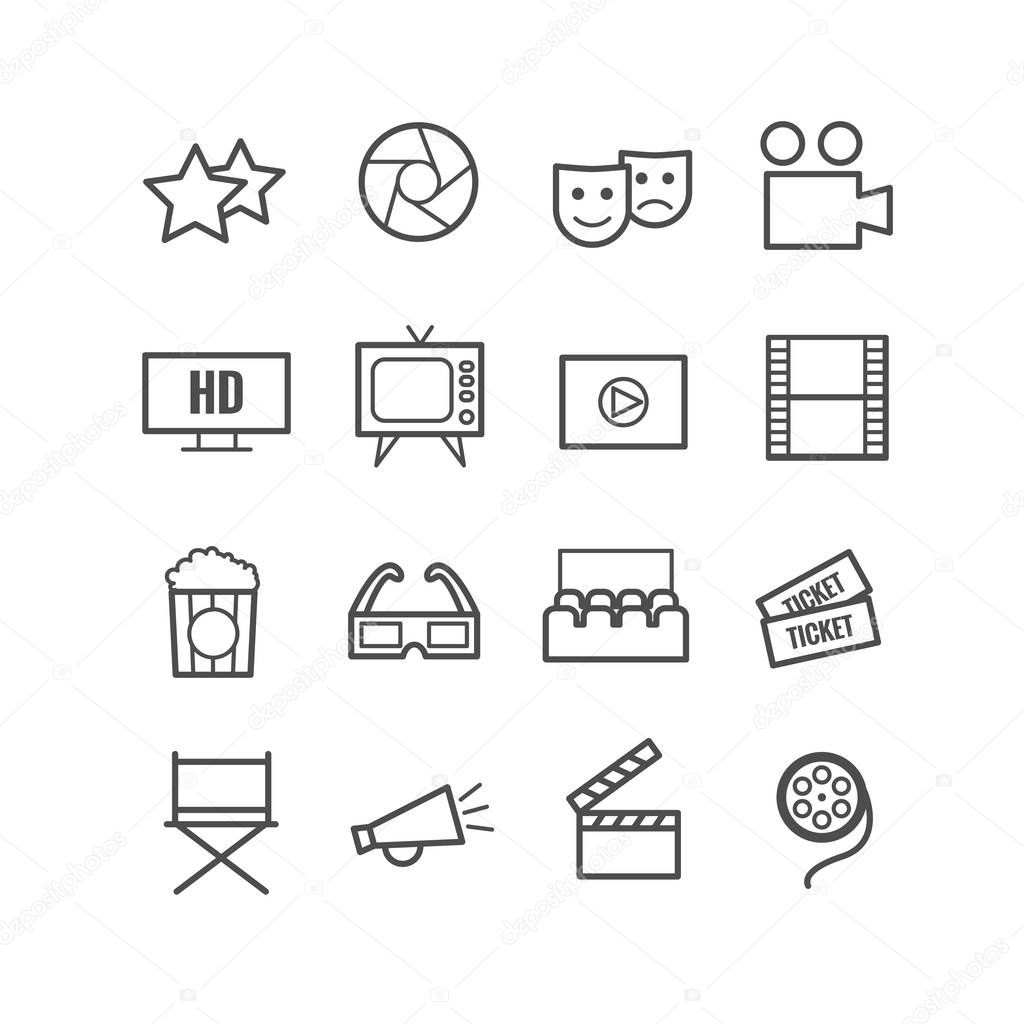 Set of 16 outline cinema icons. Thin icons for web and mobile applications