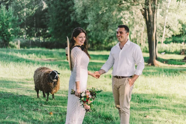 Jong mooi paar verliefd in trouwjurken staand op een groene weide, vee op de achtergrond — Stockfoto