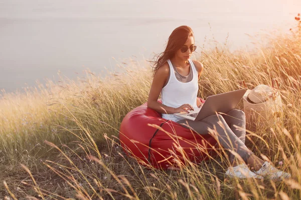 Женщина, сидящая на лугу и используя ноутбук — стоковое фото