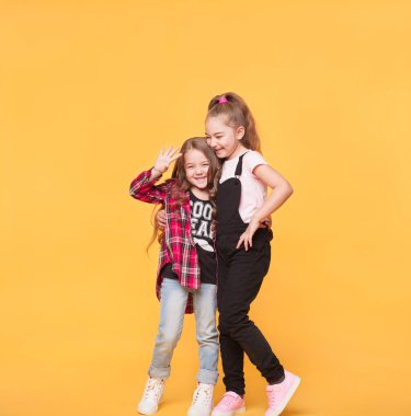 iki mutlu genç ve güzel kız kardeş, hugs gülümseyen gülüyor