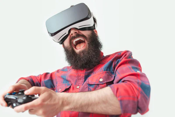 Lycklig man med Vr och controller — Stockfoto