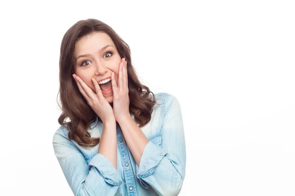 Girl in denim shirt posing excitedly — Stock Photo, Image