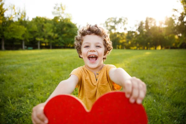 Sorrindo menino segurando coração no parque — Fotografia de Stock