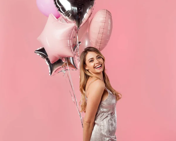 Chica alegre con montón de globos —  Fotos de Stock