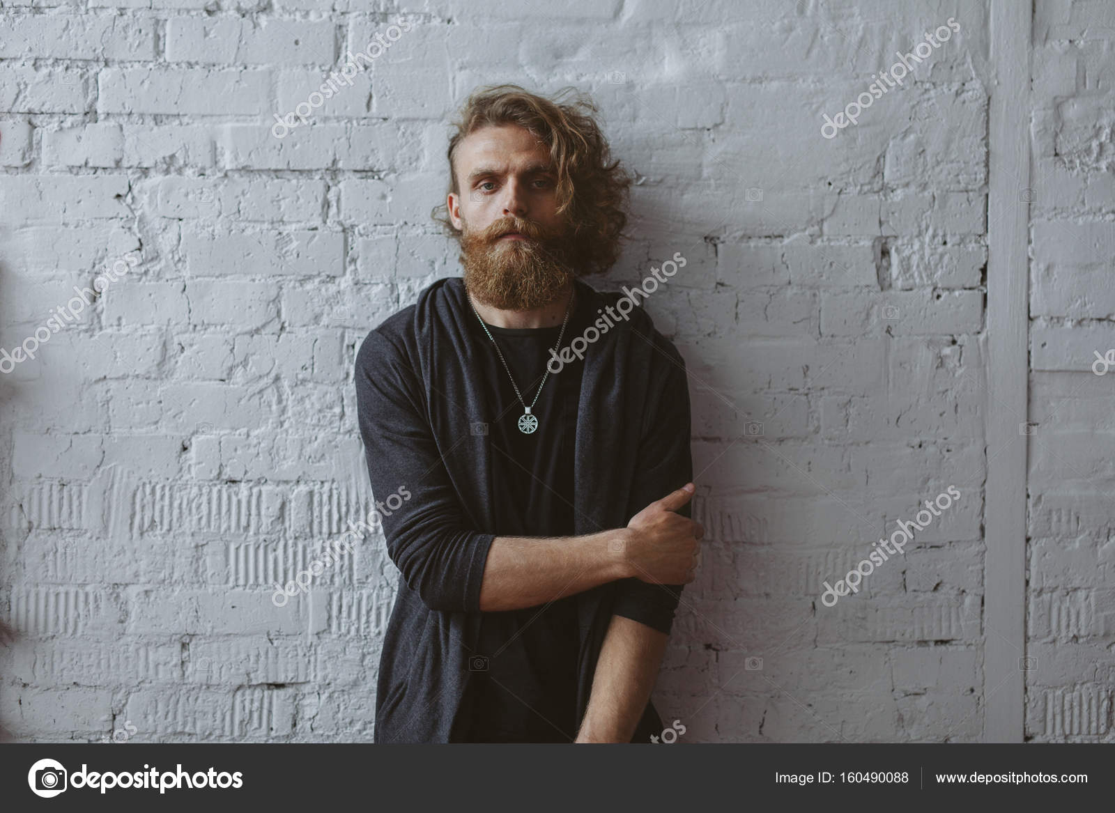 Blonde Man Bun And Beard Blonde Bearded Curly Haired Man Posing