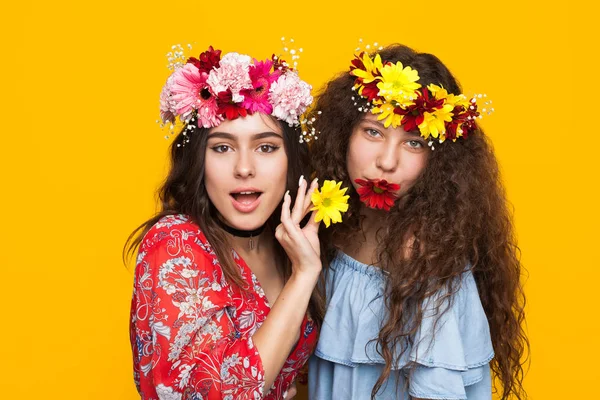 Twee lachende meisjes poseren met bloemen — Stockfoto