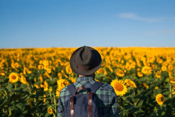 Турист, що стоїть у квітах — стокове фото