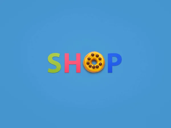 Helle Komposition aus Word-Shop und Donut — Stockfoto