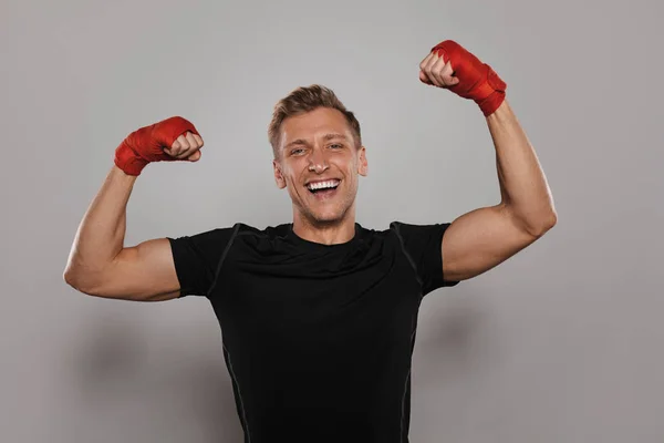 Boldog boxer szürke háttér — Stock Fotó
