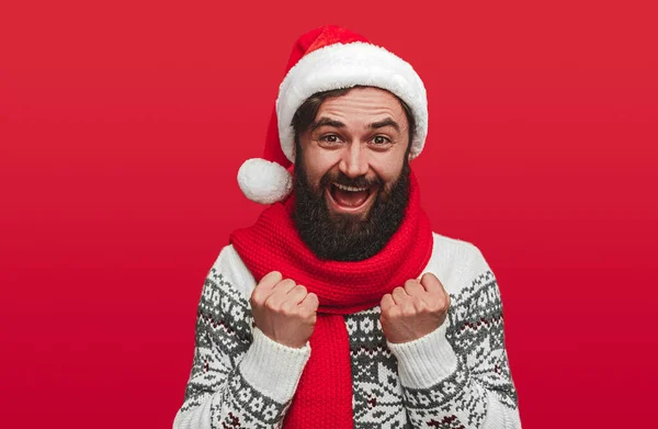 Cheerful hipster celebrating success on Christmas Day — ストック写真