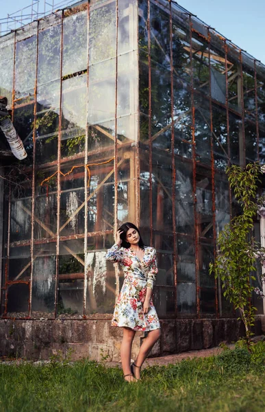 Femeia grațioasă în rochie pe fundalul clădirii de seră — Fotografie, imagine de stoc