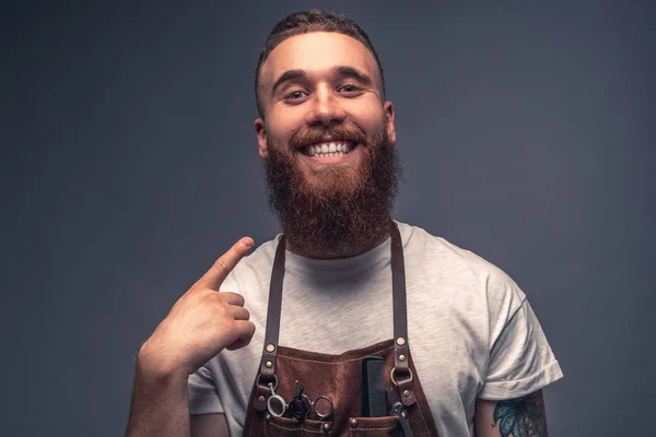 Cheerful barber pointing at beard — Stock Photo, Image