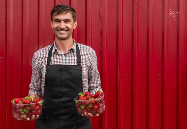 Kırmızı arka planda olgun çilek dolu kâseleriyle siyah önlüklü sevimli bitki yetiştiricisi.
