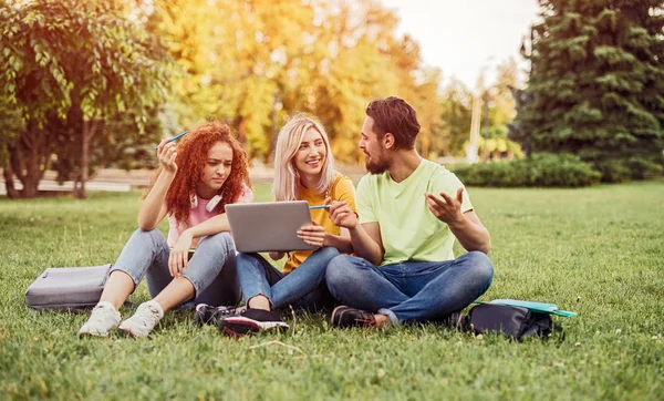 Schüler diskutieren im Park über Hausaufgaben — Stockfoto