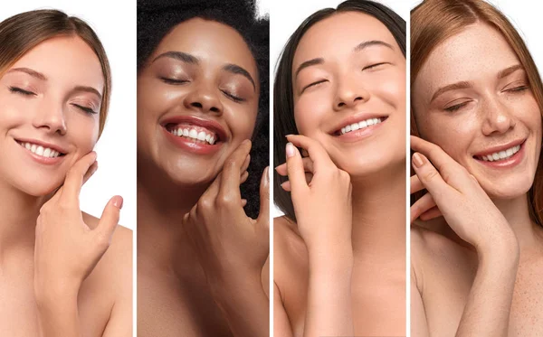 Heureuses femmes diverses appréciant la douceur de la peau — Photo