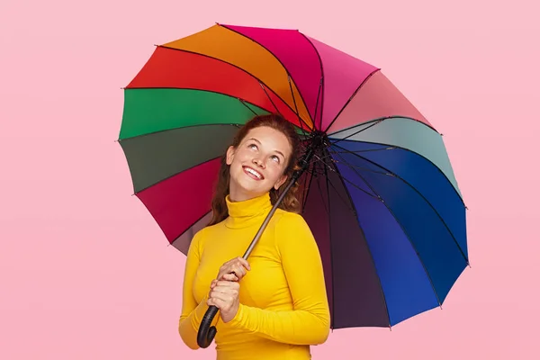 Dreamy lady with colorful umbrella — Stock Photo, Image