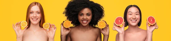 新鮮な柑橘類と陽気な多様な女性 — ストック写真