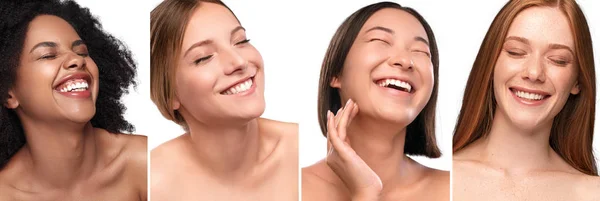 Többnemzetiségű fiatal nő tiszta bőrrel nevetés — Stock Fotó